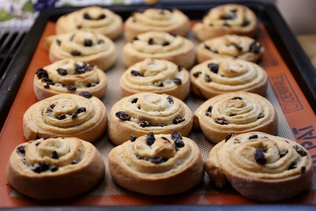 German Raisin Frangipane Spiral Buns are finished baking when the exterior has slightly browned.