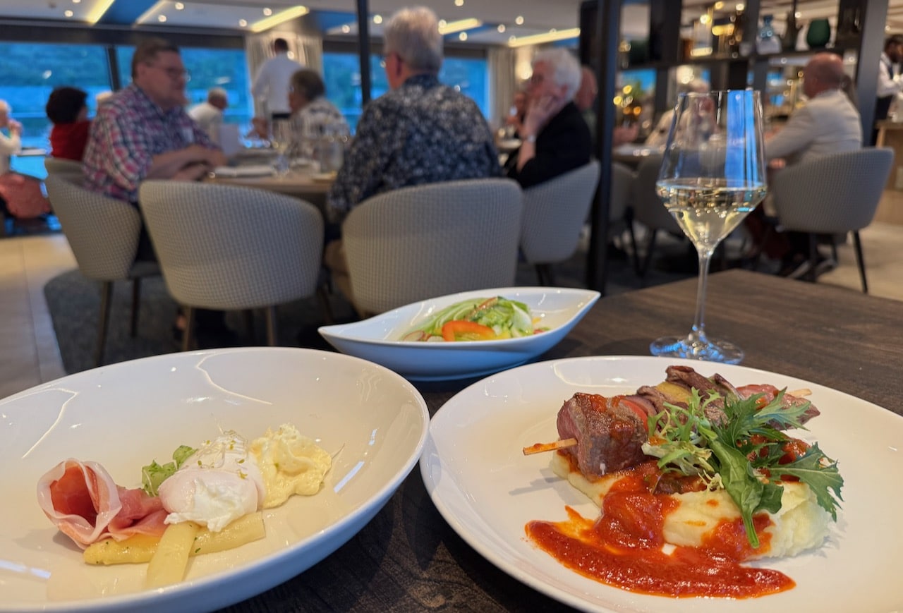 Serbian Beef Kebab and Austrian White Asparagus with Hollandaise at Riverside Restaurant.