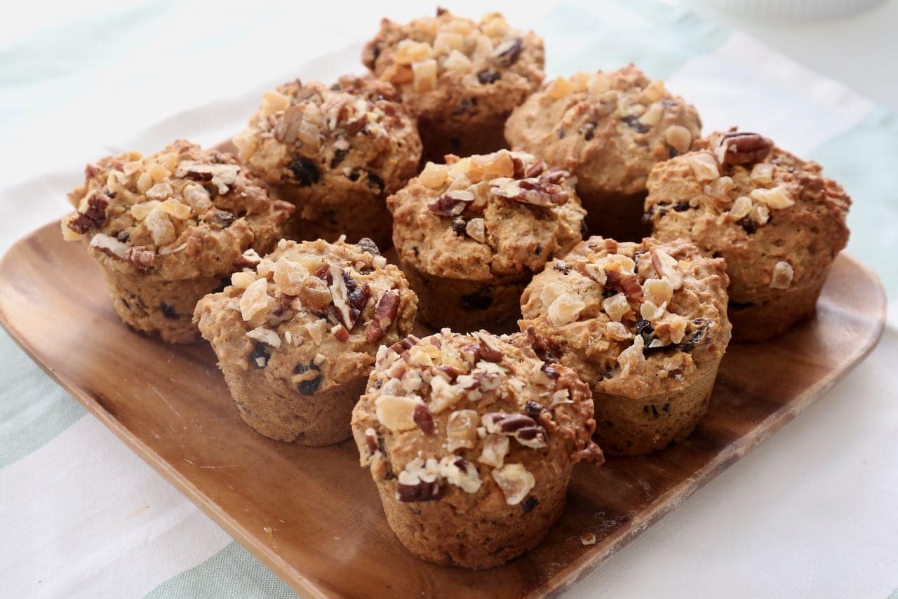 These sweet potato muffins are perfect for Christmas brunch, topped with crunchy pecan and candied ginger.