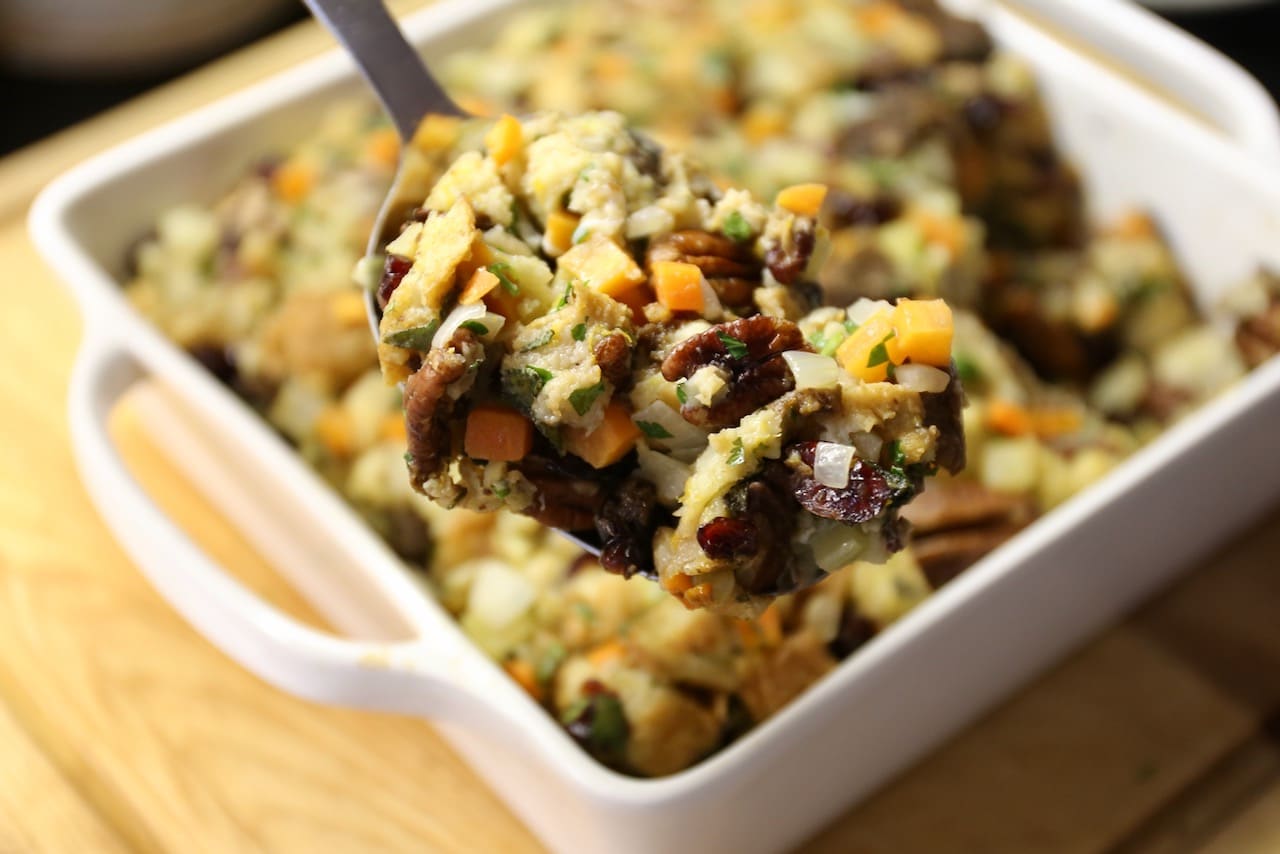 Once the top of the dressing is crunchy and browned, scoop and serve with roast turkey and drench in gravy.