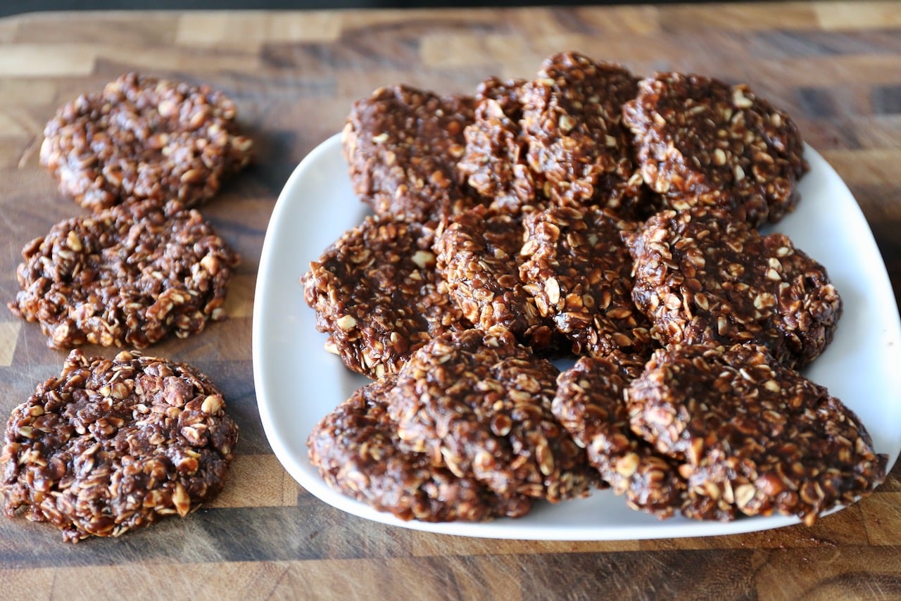 Serve Chocolate No Bake Oatmeal Cookies with a glass of milk, coffee or with a scoop of ice cream.