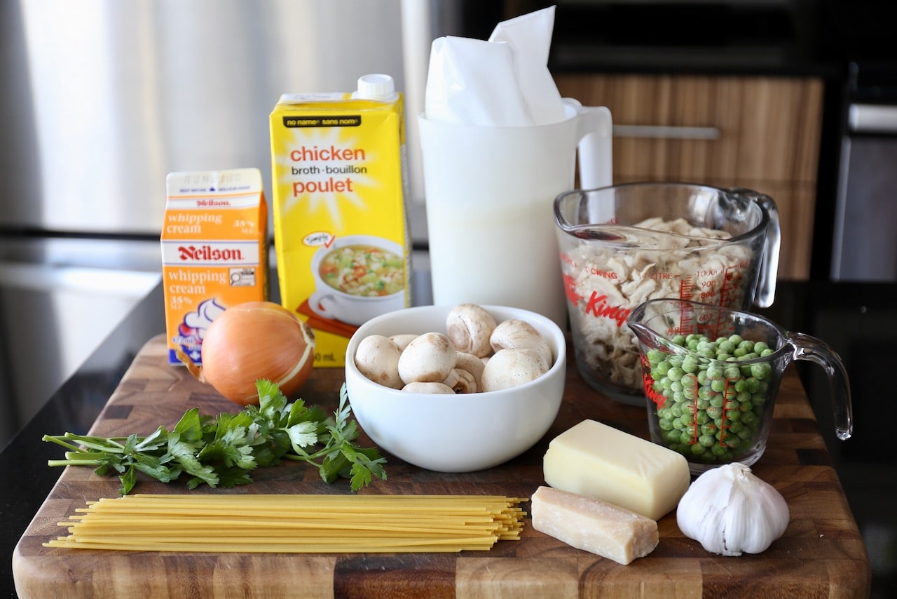 Homemade Chicken Tetrazzini recipe ingredients.