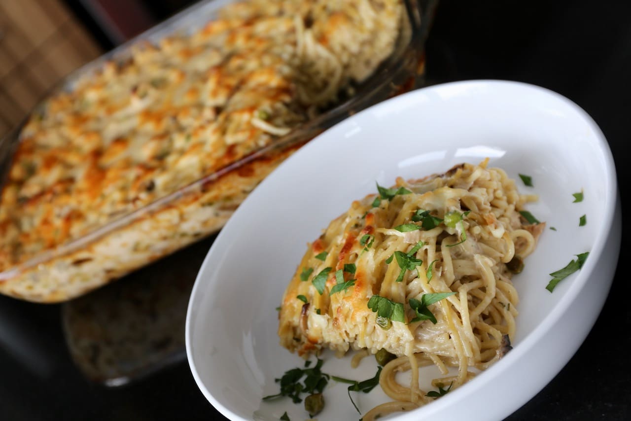 Serve Chicken Tetrazzini garnished with chopped parsley. 