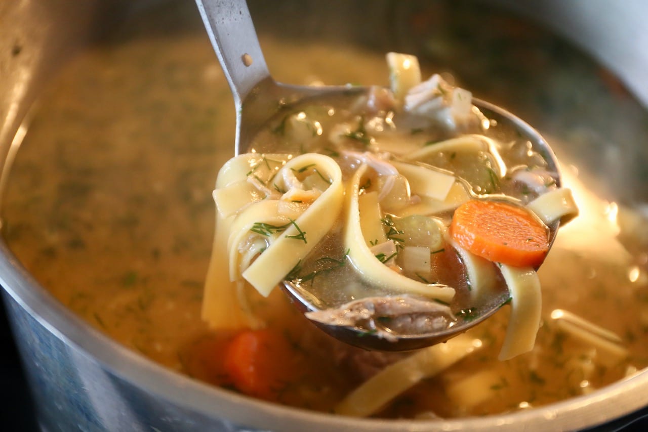 Our Chicken Noodle Soup features carrots, celery and fresh dill.