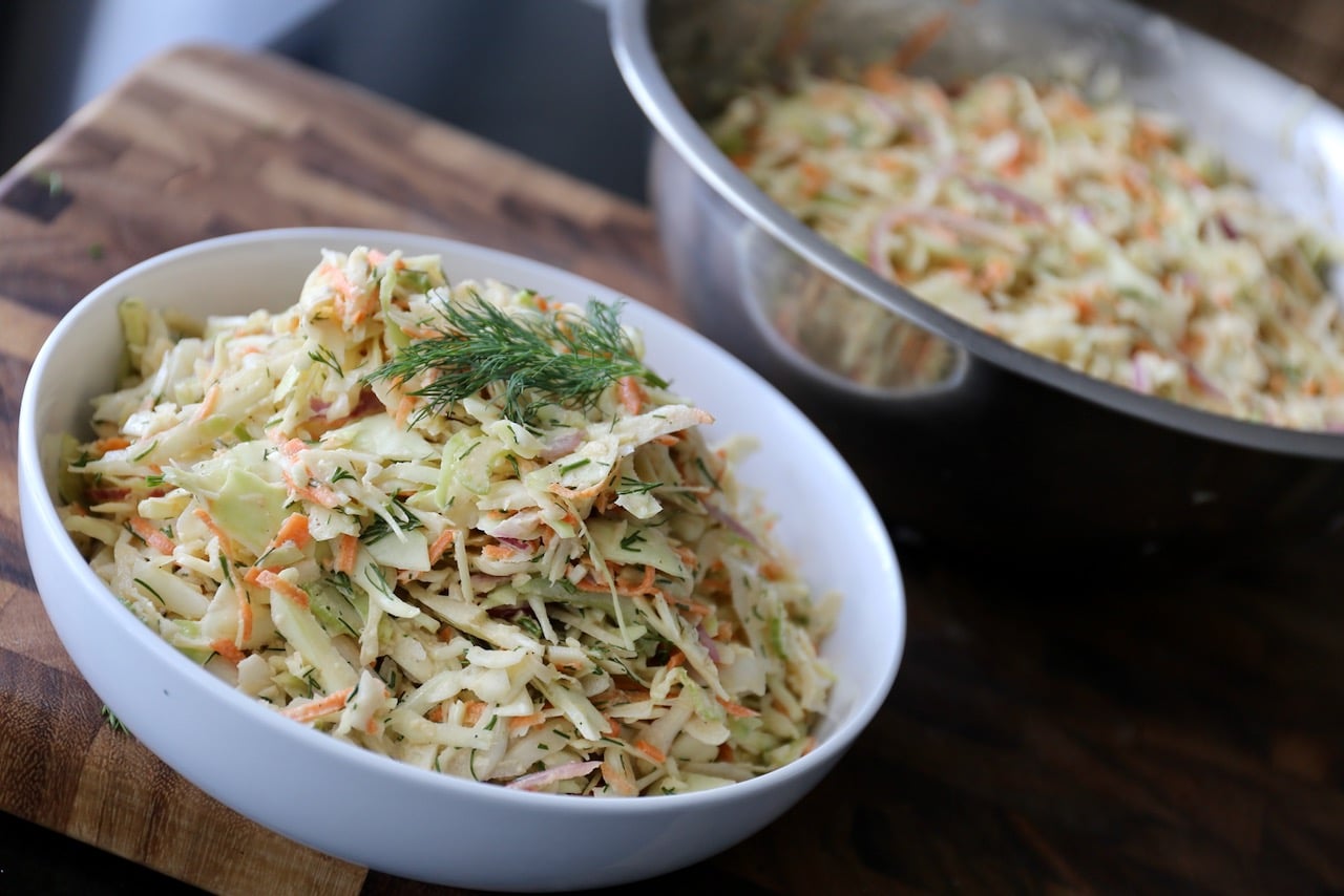 Serve this creamy coleslaw at your next family barbecue with burgers and sausages.