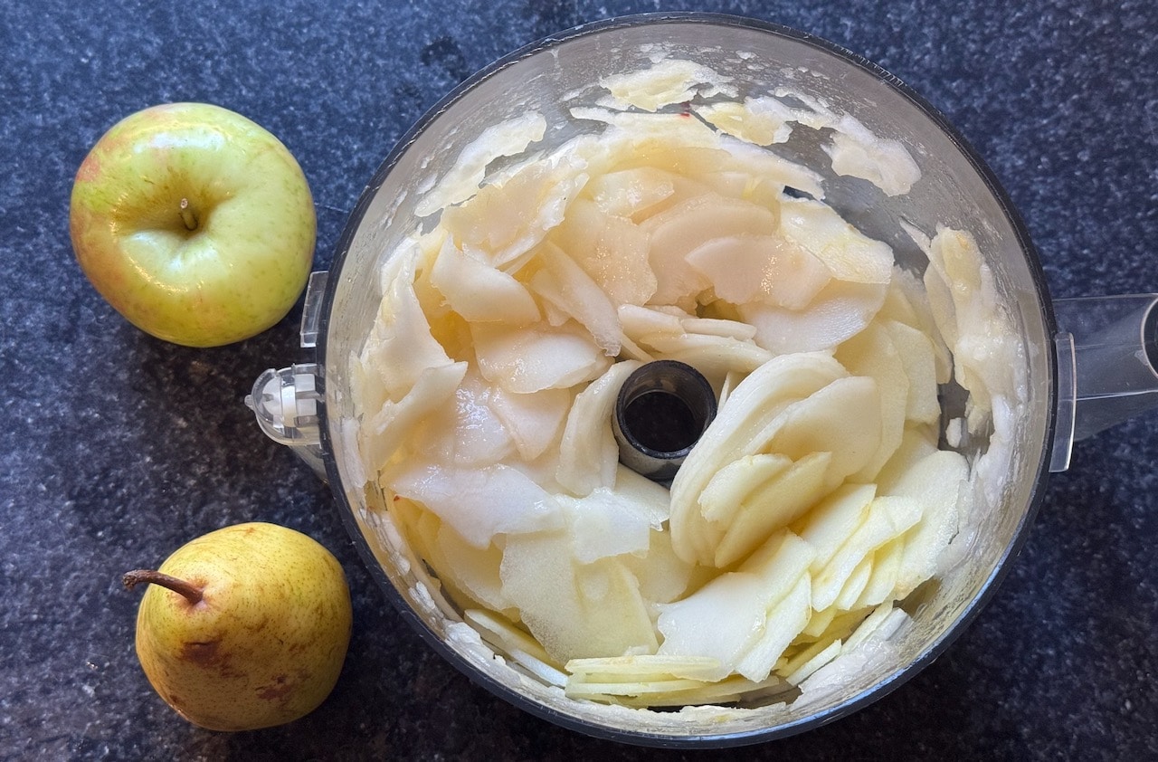 Thinly slice apples and pears in a food processor or mandoline.